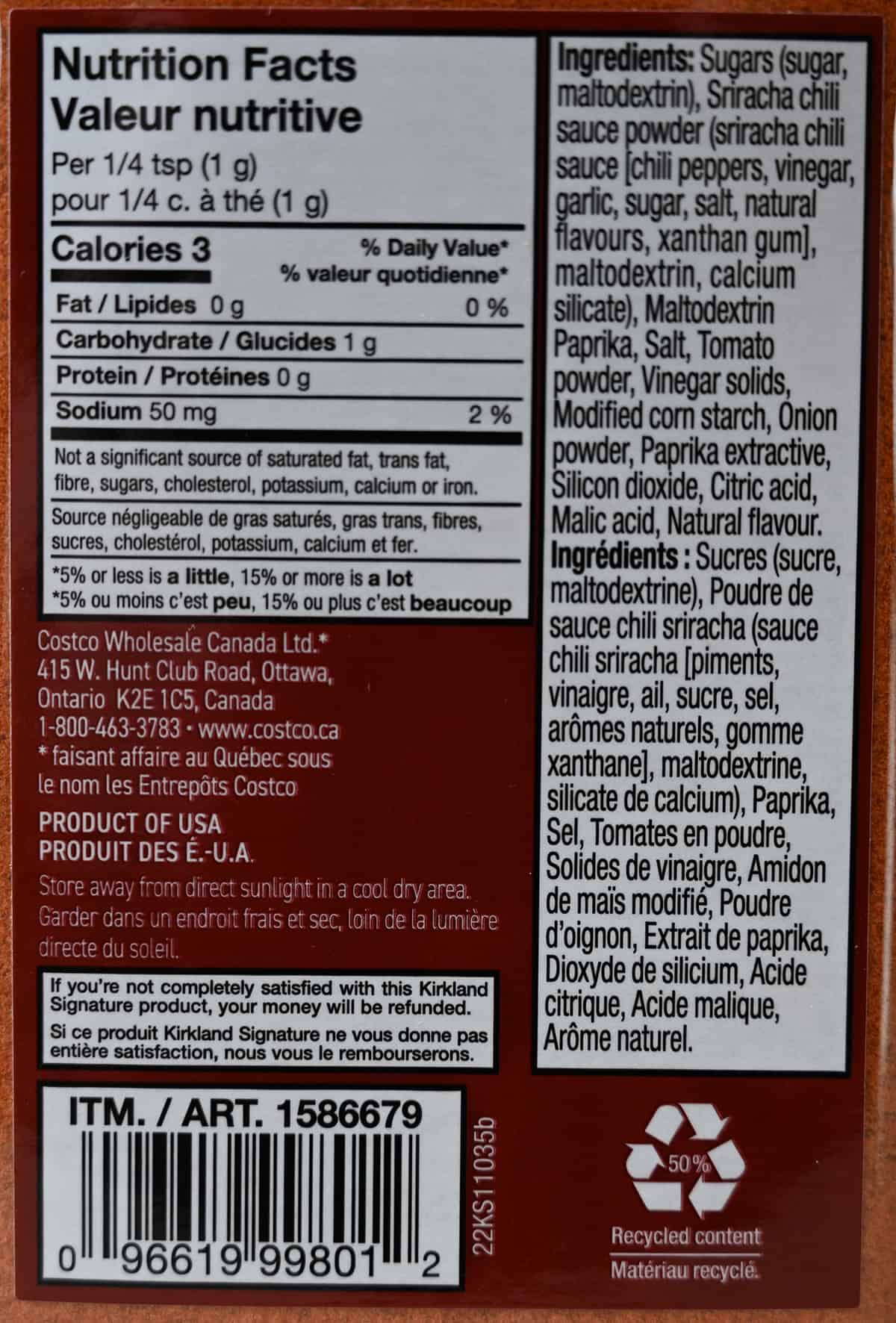 Image of the back of the  sriracha seasoning  container showing where it's made, nutrition facts and ingredients.