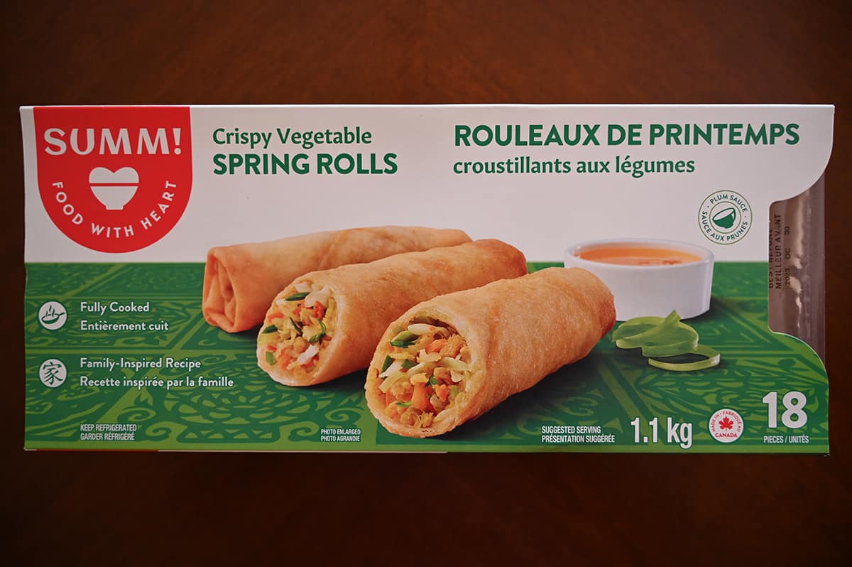 Image of the Costco Summ! Crispy Vegetable Spring Rolls box sitting on a table unopened.