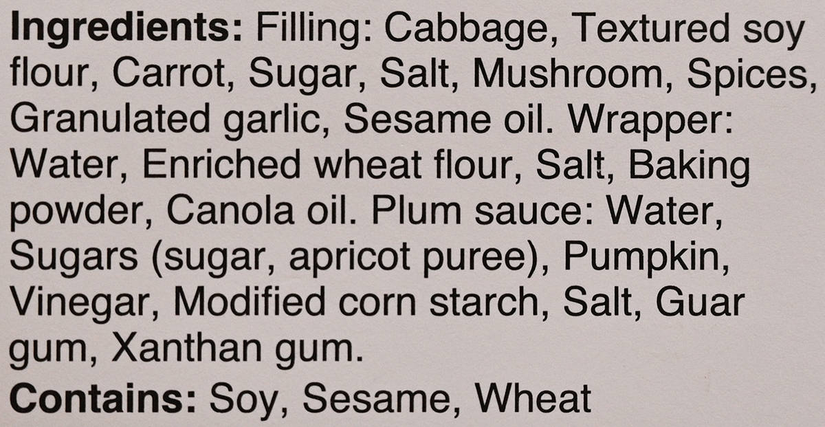 Image of the ingredients for the spring rolls from the back of the box.