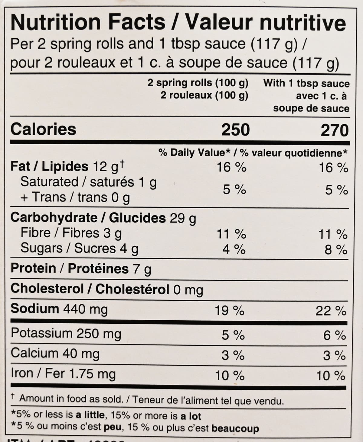 Image of the nutrition facts for the spring rolls and sauce from the back of the box.