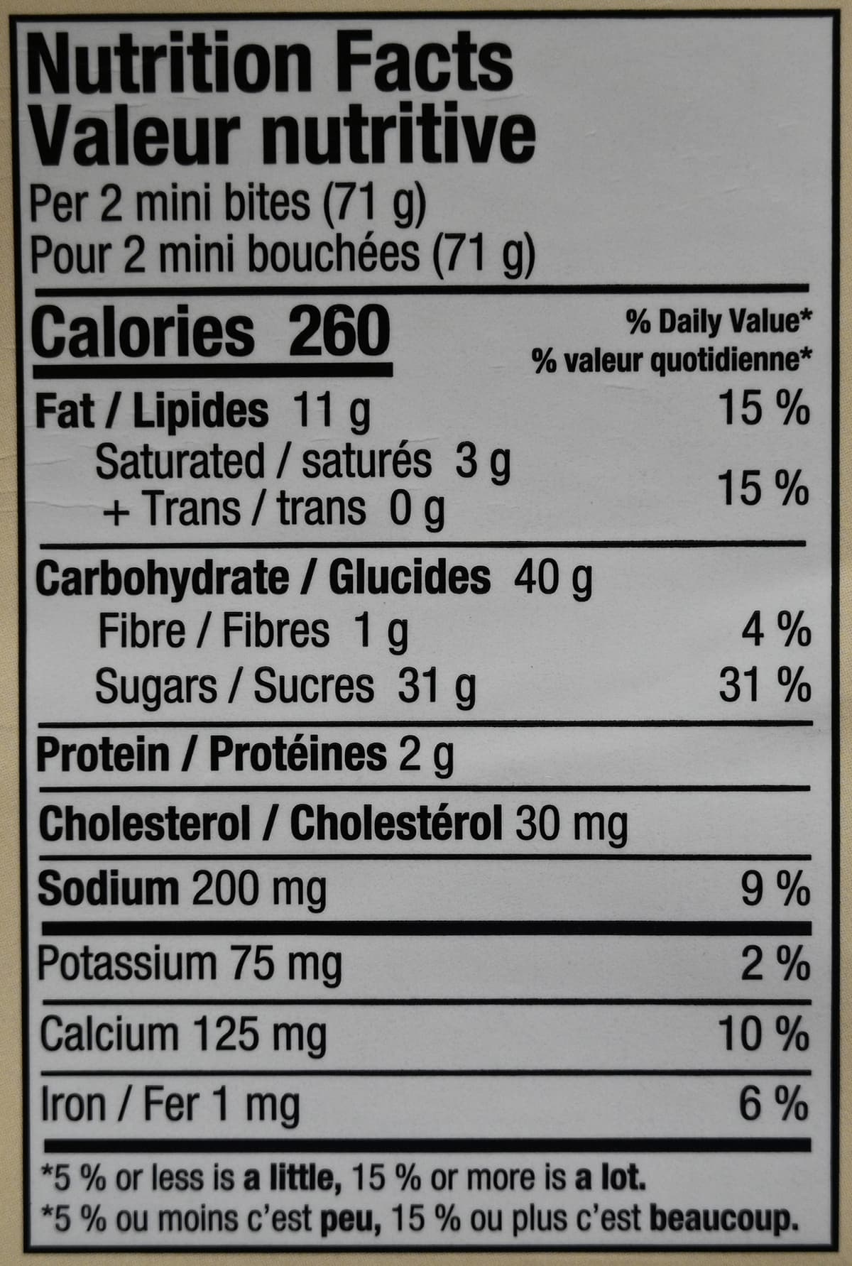 Image of the nutrition facts for the tuxedo cake bites from the package.