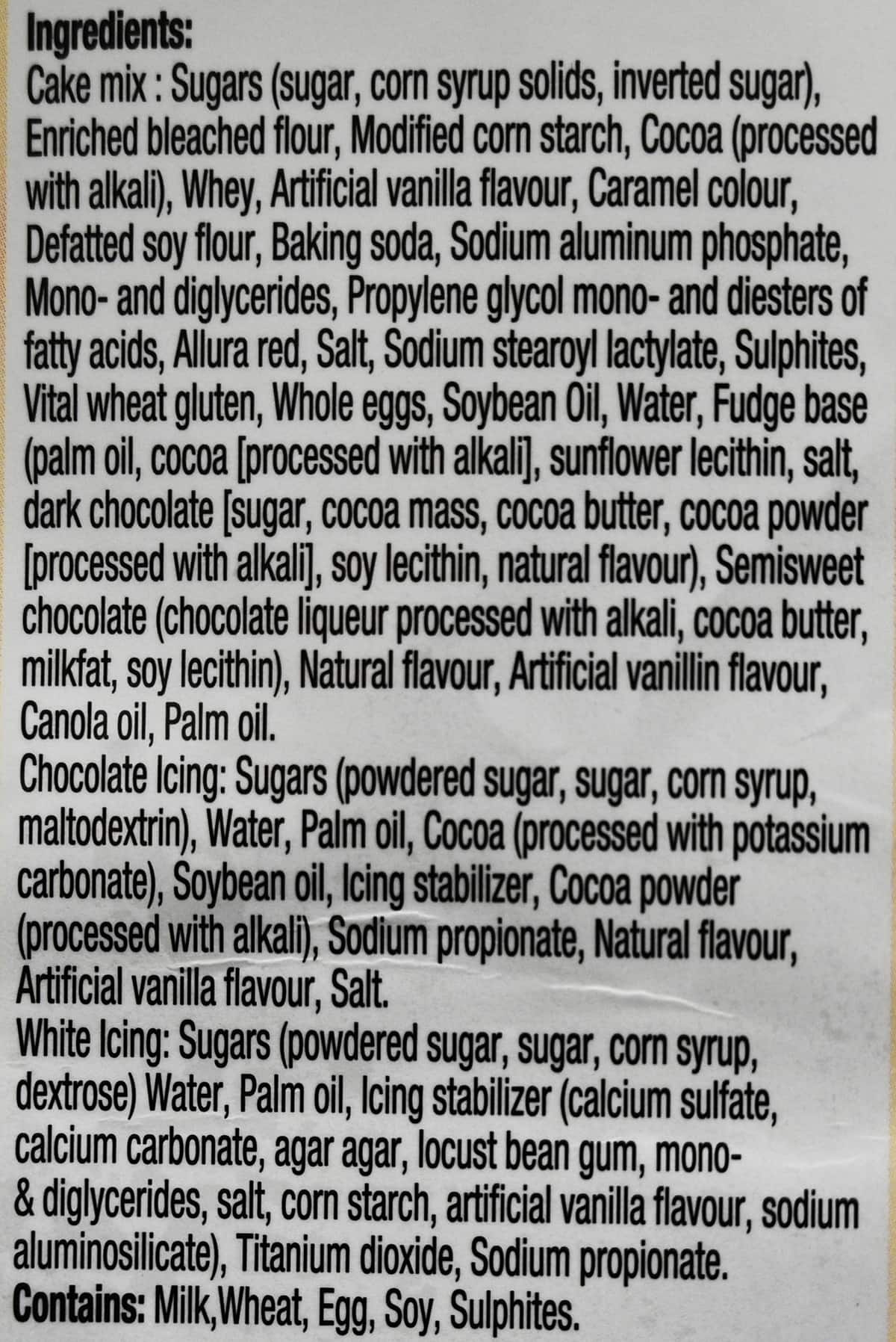 Image of the ingredients list for the tuxedo cake bites from the back of the package.