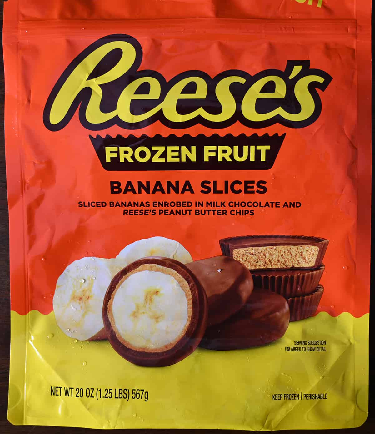 Closeup image of the front of the bag of the Reese's frozen banana slices.