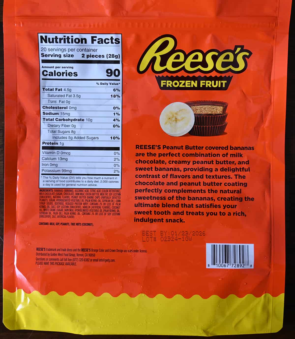Closeup image of the back of the bag of Reese's Frozen Banana Slices showing ingredients, nutrition facts and product description. 