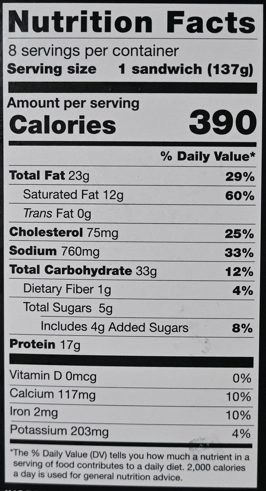 Image of the nutrition facts for the Kirkland Signature Breakfast Sandwich from the back of the box.