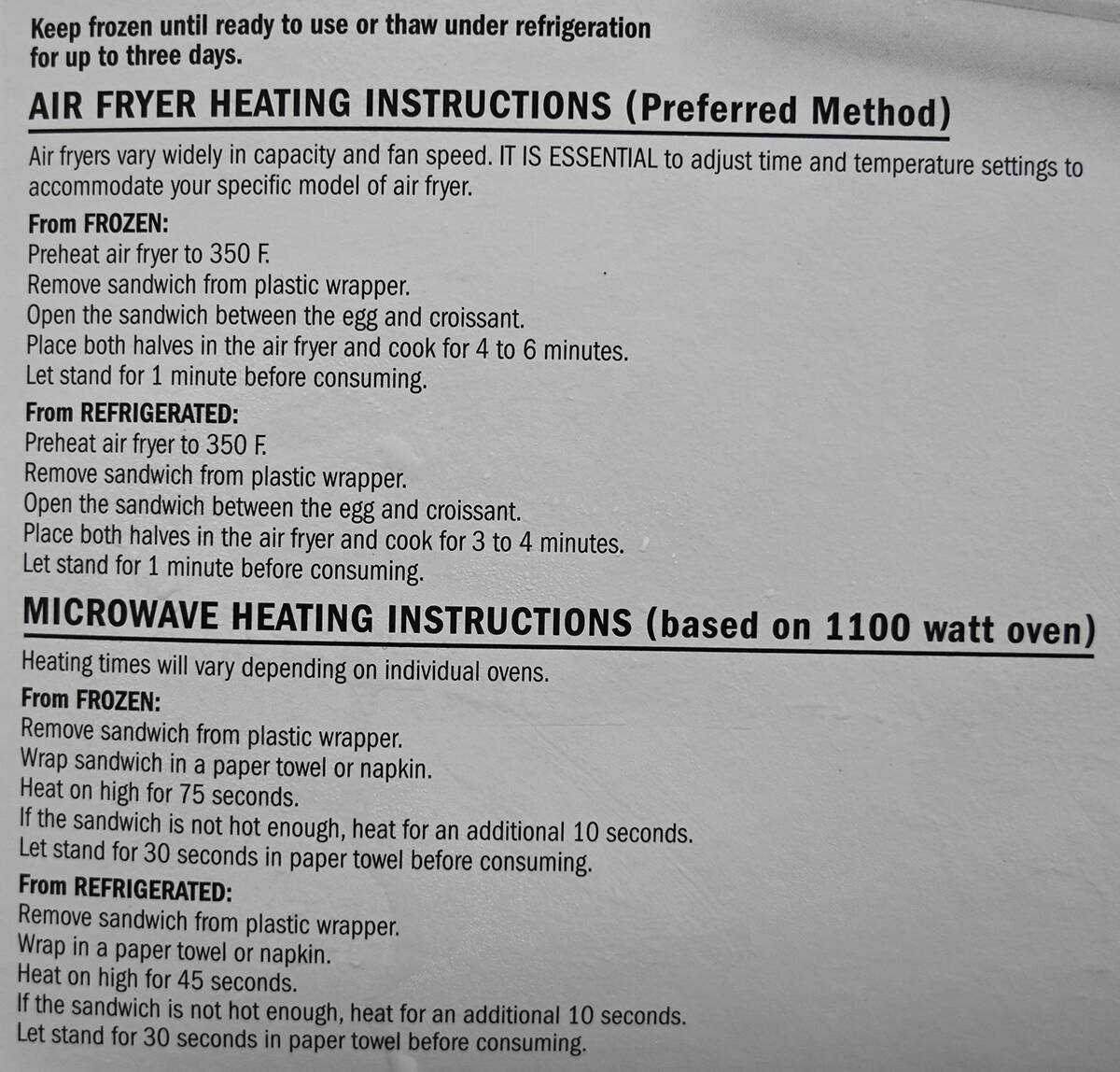 Image of the heating instructions for the breakfast sandwiches from the back of the box.