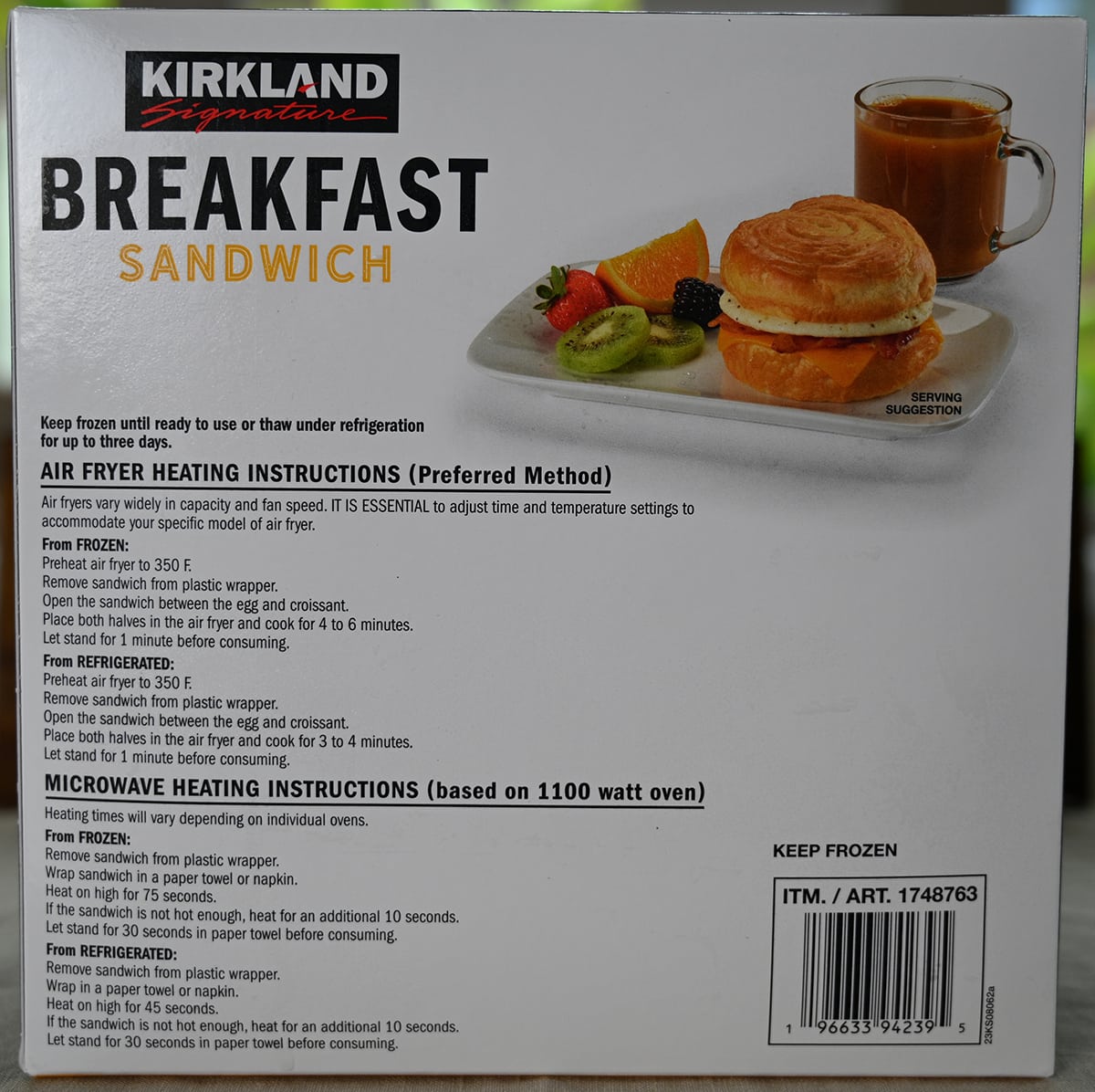 Image of the box of the Costco Kirkland Signature Breakfast Sandwich box showing heating instructions and that they need to be kept frozen.