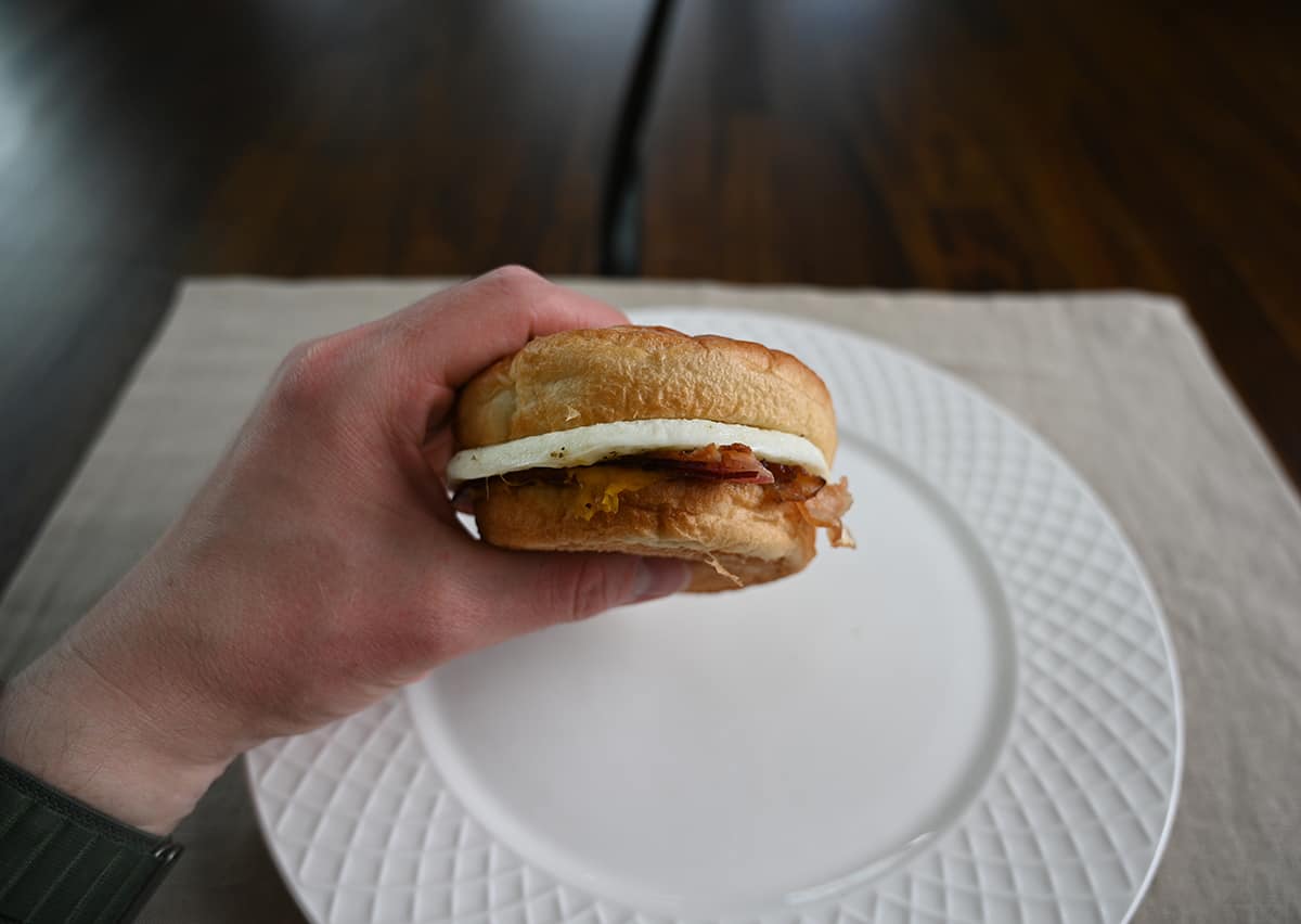 Sideview image of a hand holding one breakfast sandwich close to the camera so you can see everything in it.