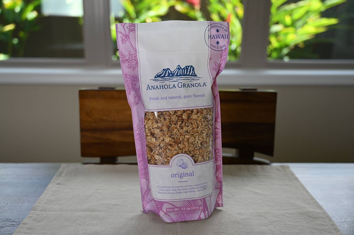 Image of the Costco Anahola Granola bag sitting on a table unopened.