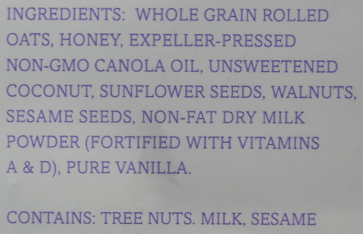 Image of the ingredients list for the granola from the back of the bag.