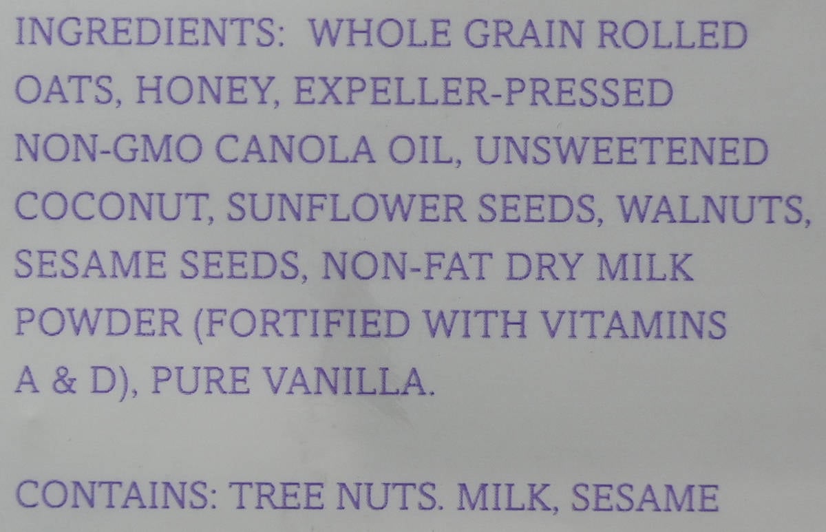 Image of the ingredients list for the granola from the back of the bag.