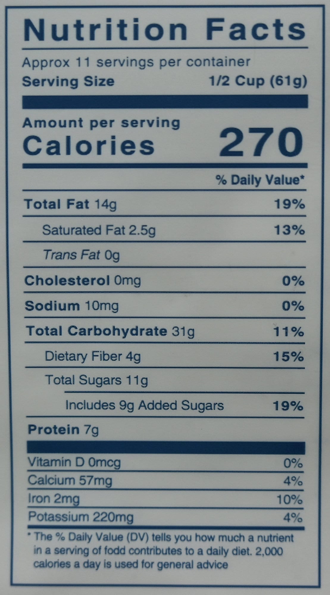 Image of the nutrition facts for the granola from the back of the bag.