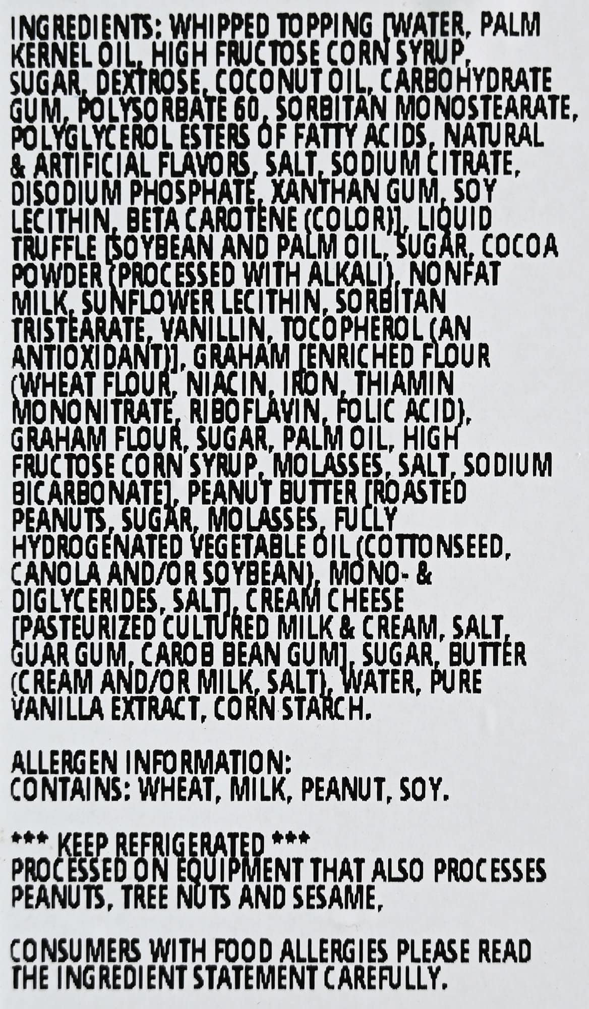 Image of the ingredients list for the pie from the packaging.