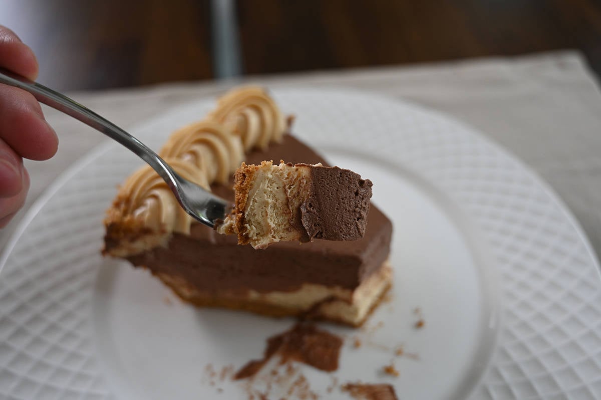 Top down image of one slice of pie with a forkful of pie hovering over the pie, the forkful is close to the camera.