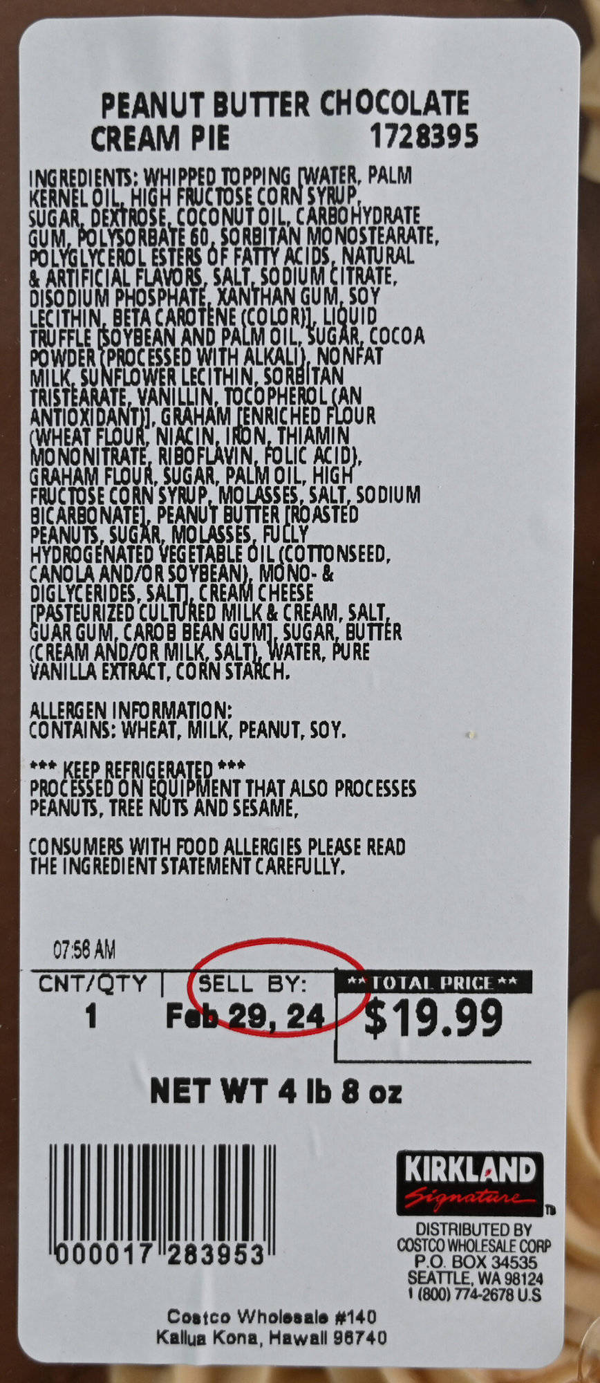 Image of the front label on the pie showing ingredients, sell by date and price.