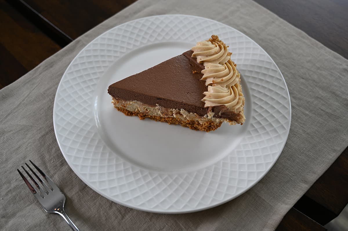 Top down image of one slice of pie served on a white plate.