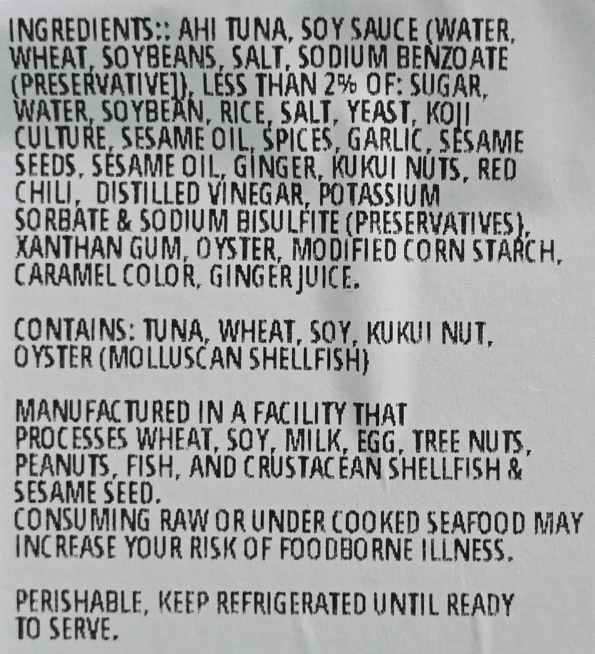 Image of the Fresh Shoyu Poke ingredients list.