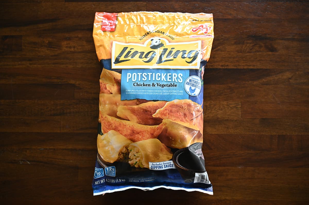 Image of the Costco Ajinomoto Ling Ling Potstickers bag sitting on a table unopened.