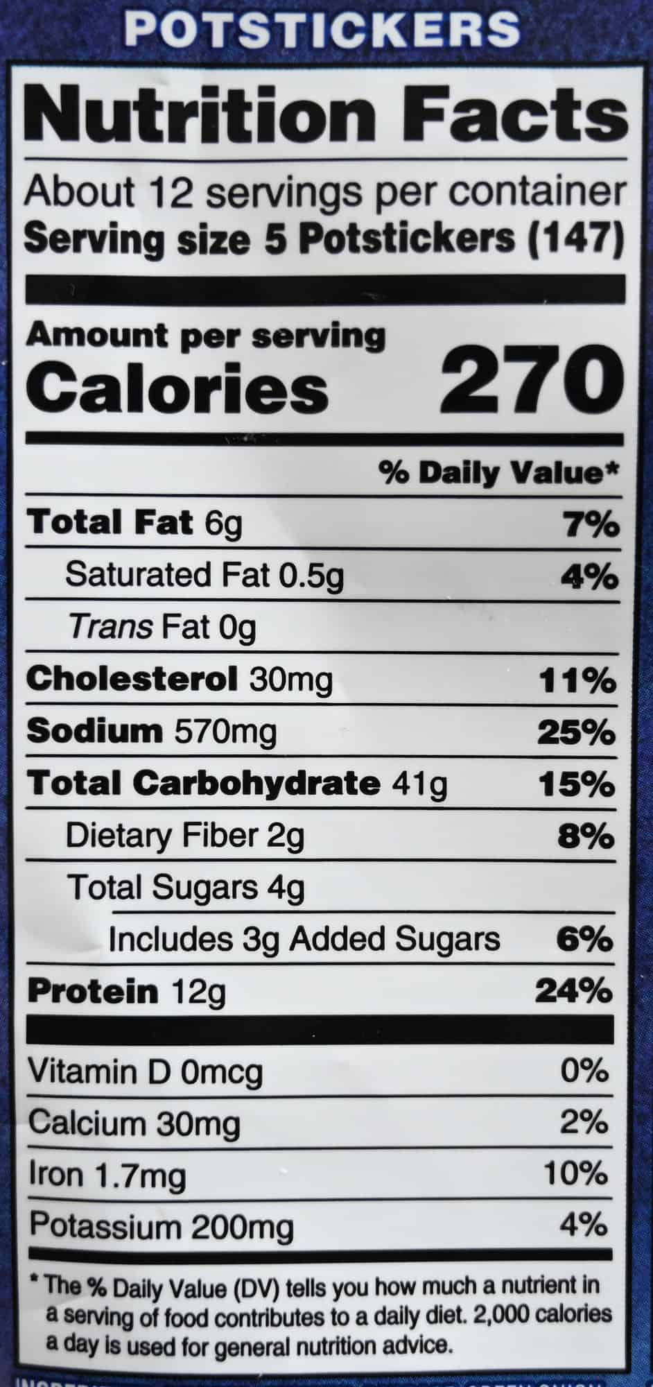 Image of the potstickers nutrition facts from the back of the bag.