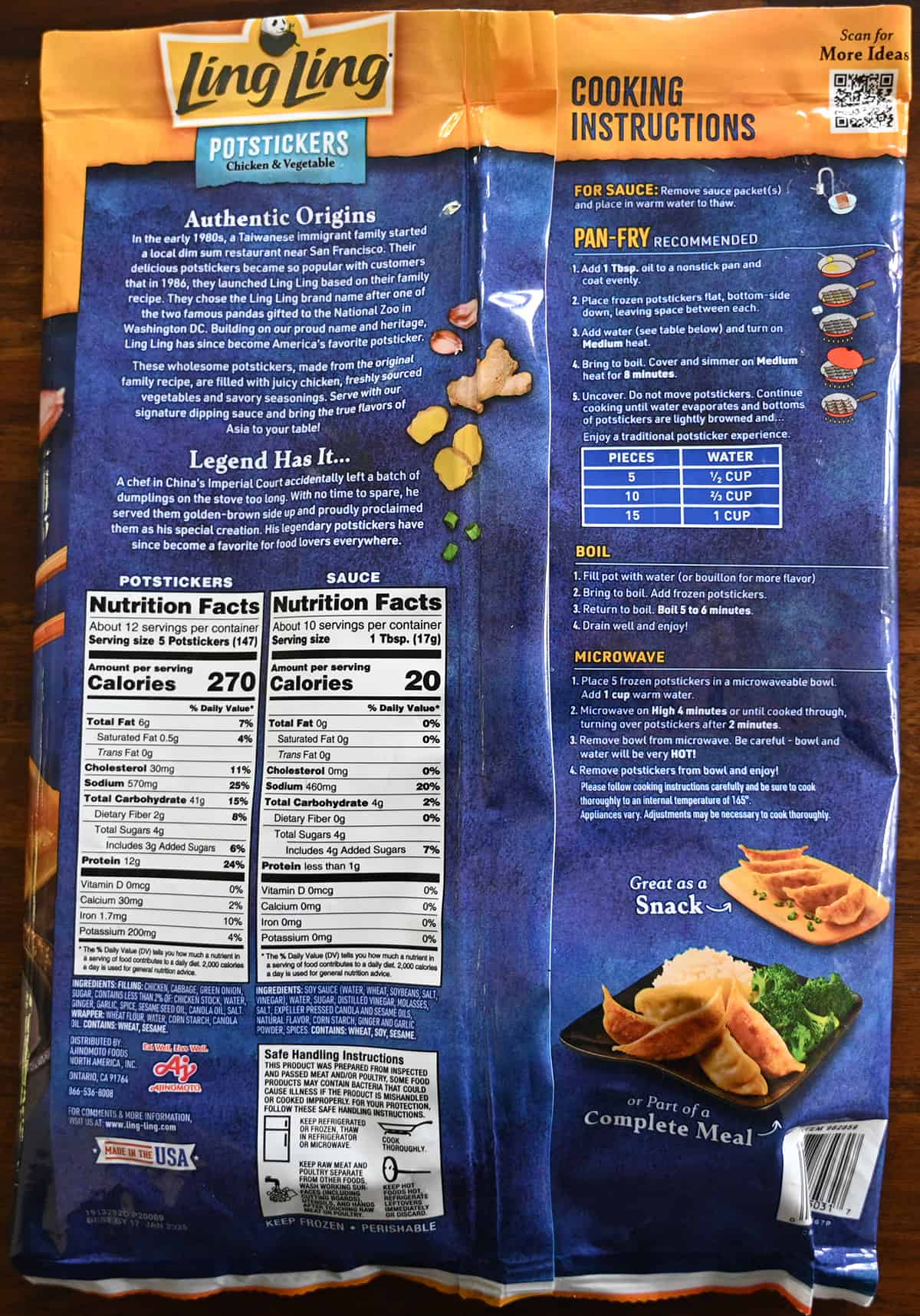 Image of the back of the back of potstickers showing ingredients, cooking instructions, nutrition facts and product description. 