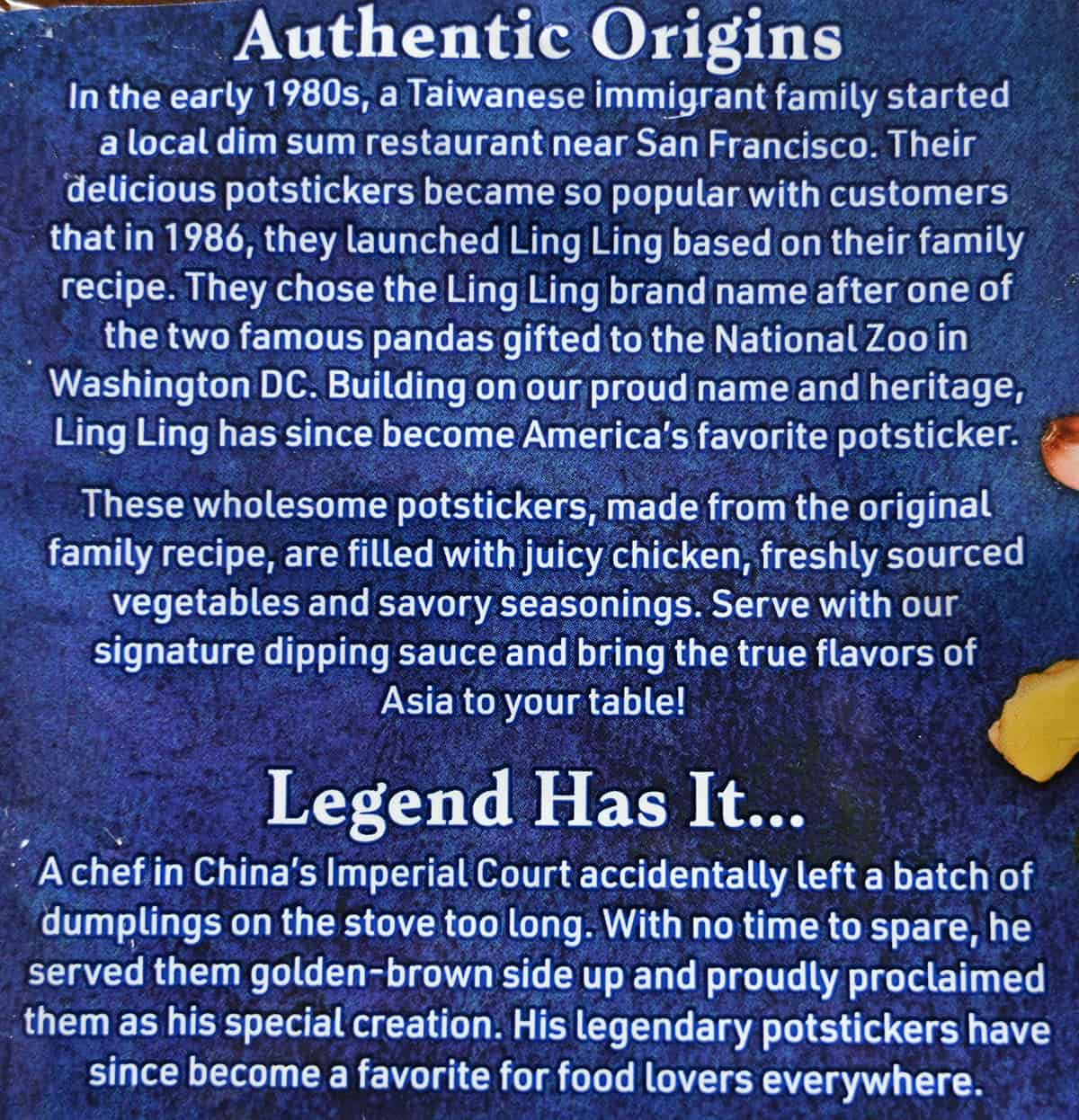 Closeup image of the company and brand description and story from the back of the bag.