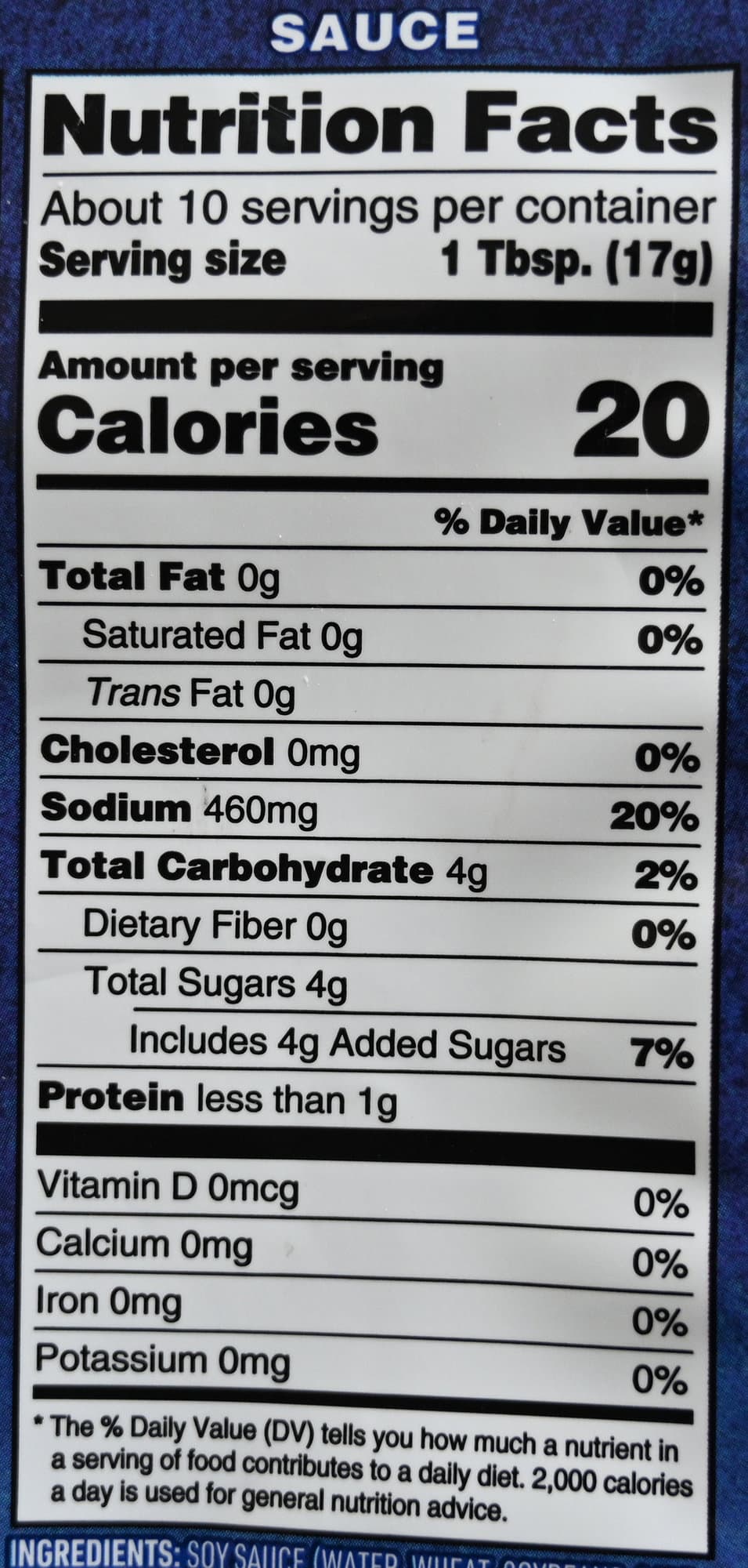 Image of the sauce nutrition facts from the back of the bag.