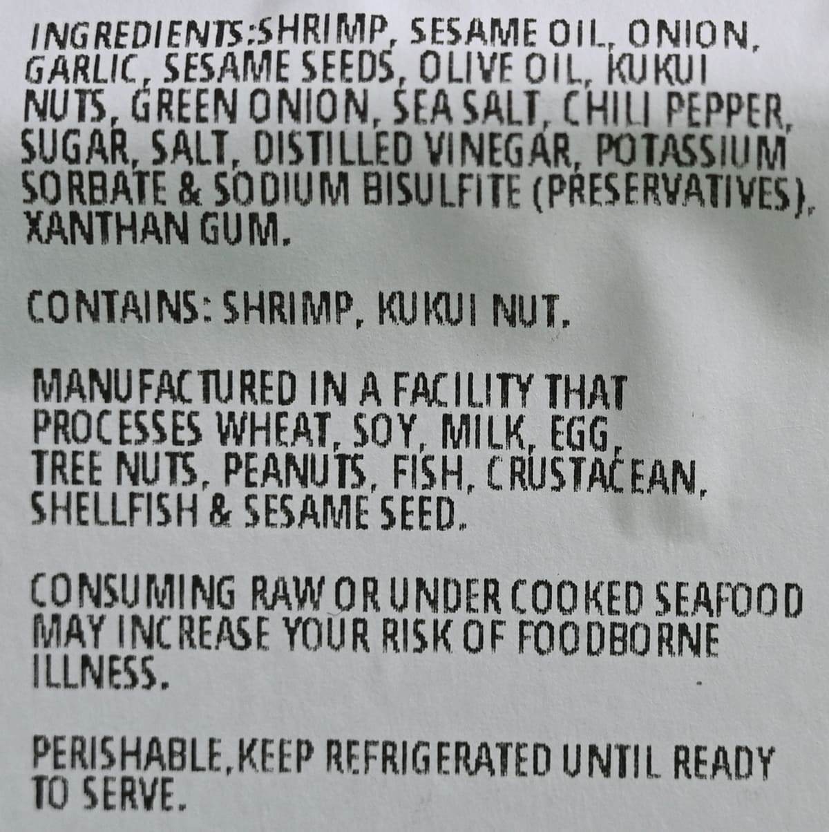 Image of the Garlic Shrimp Poke ingredients list.