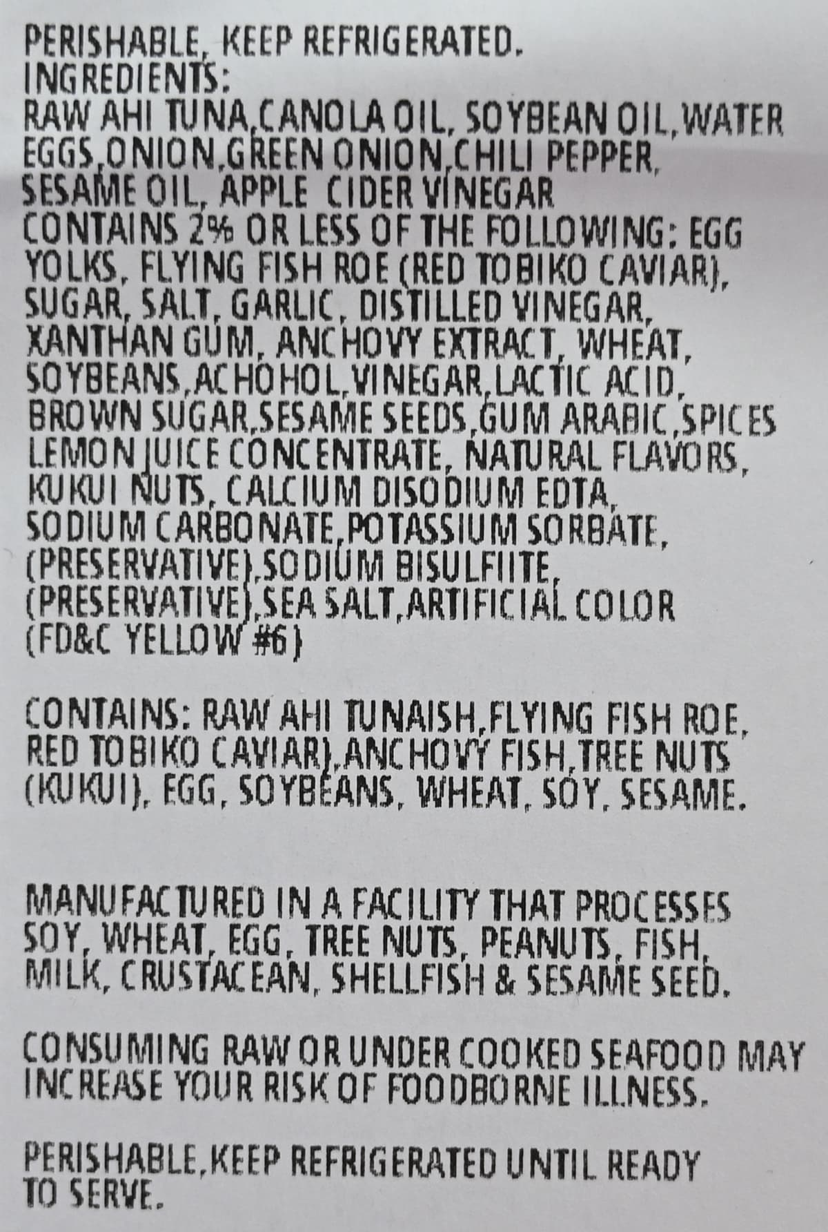 Image of the Spicy Ahi ingredients list.