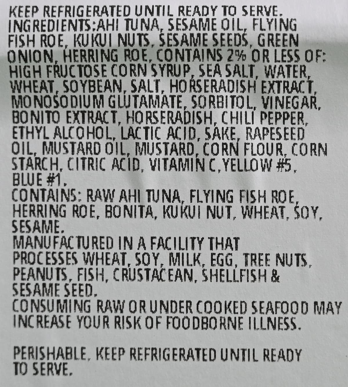 Image of the Wasabi Ahi Poke ingredients list.