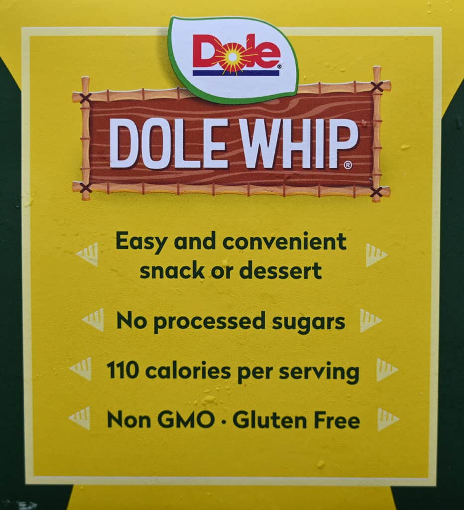 Image of the side of the Dole Whip box showing it's gluten-free, Non GMO, has no processed sugars. 