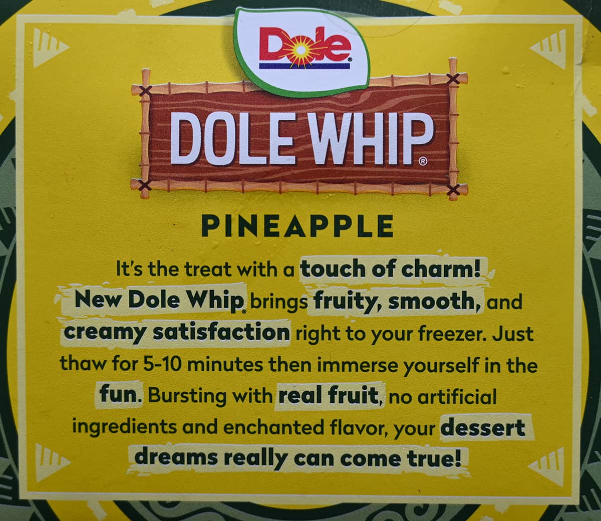 Side view image of the box of Dole Whip showing the product description from the box.