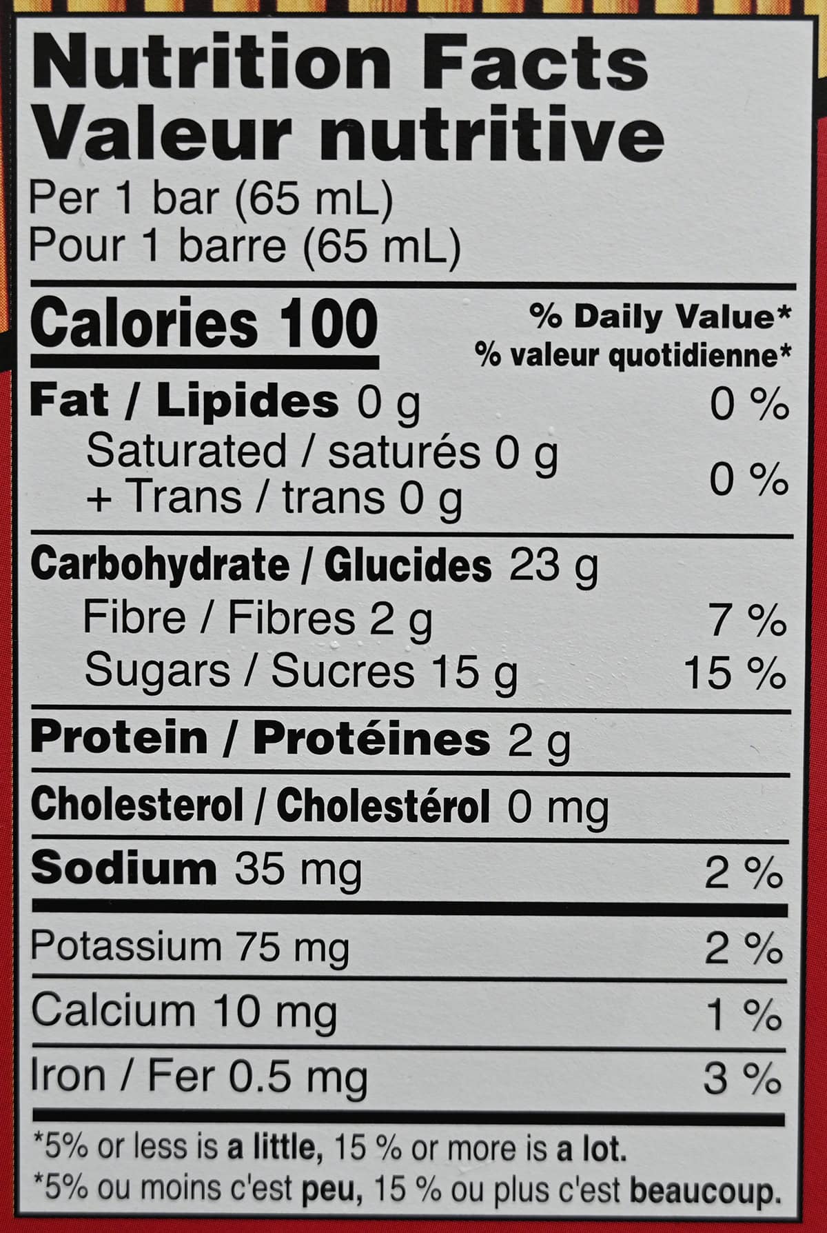 Image of the nutrition facts for the bars from the back of the box.