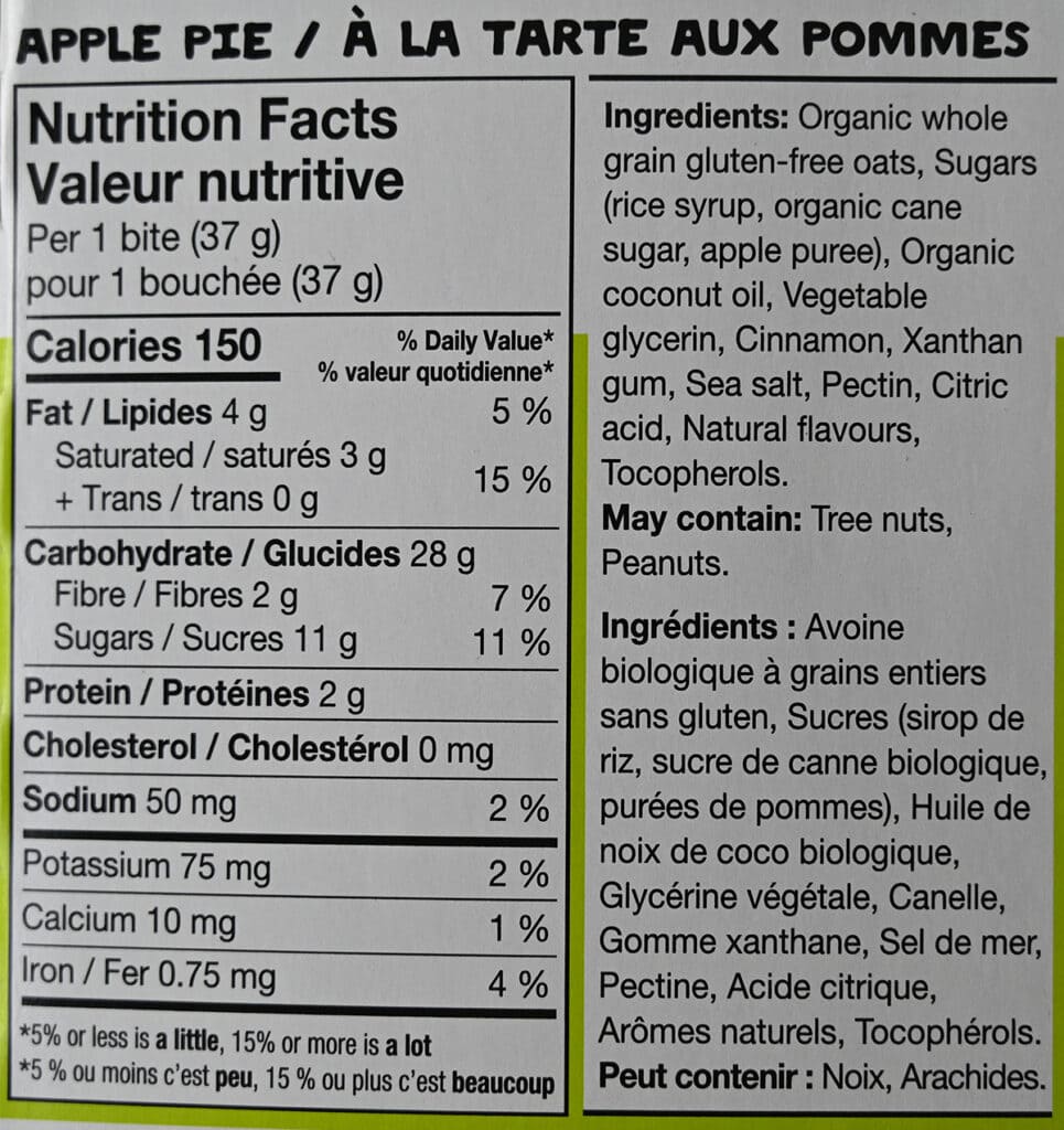 Image of the apple oat bite nutrition facts and ingredients from the back of the box.