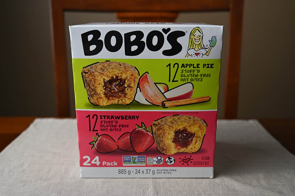 Image of the Costco Bobo's Oat Bites box unopened sitting on a table. 