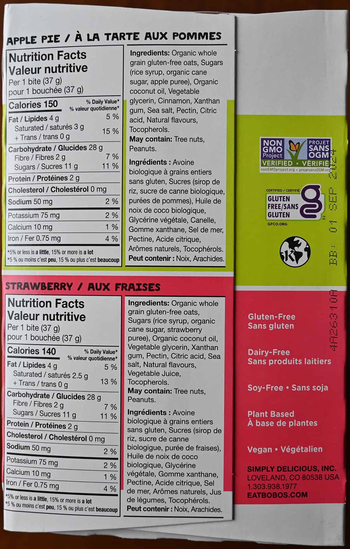 Image of the back of the box showing the oat bites are gluten-free, dairy-free, plant based and soy-free.