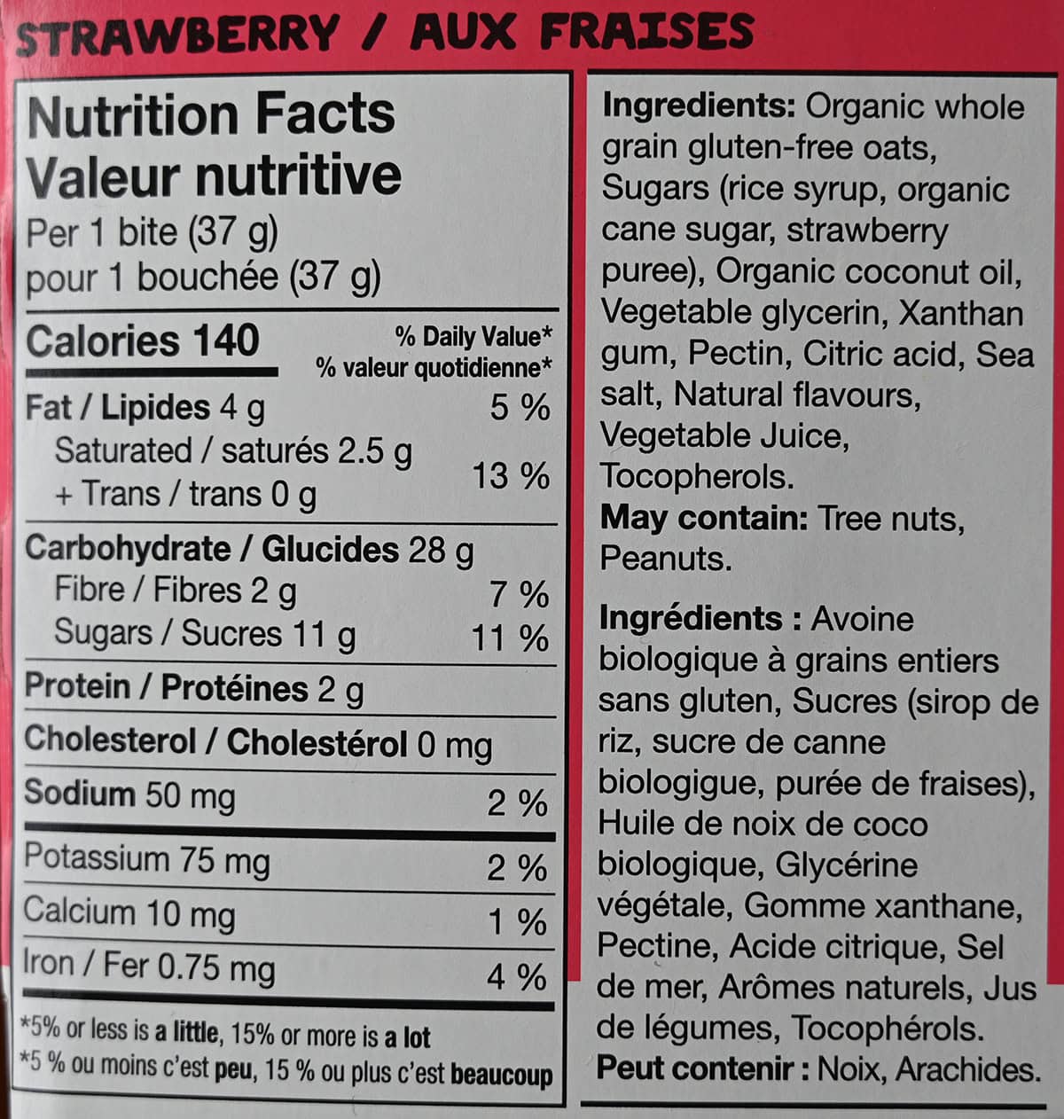 Image of the strawberry oat bite nutrition facts and ingredients from the back of the box.