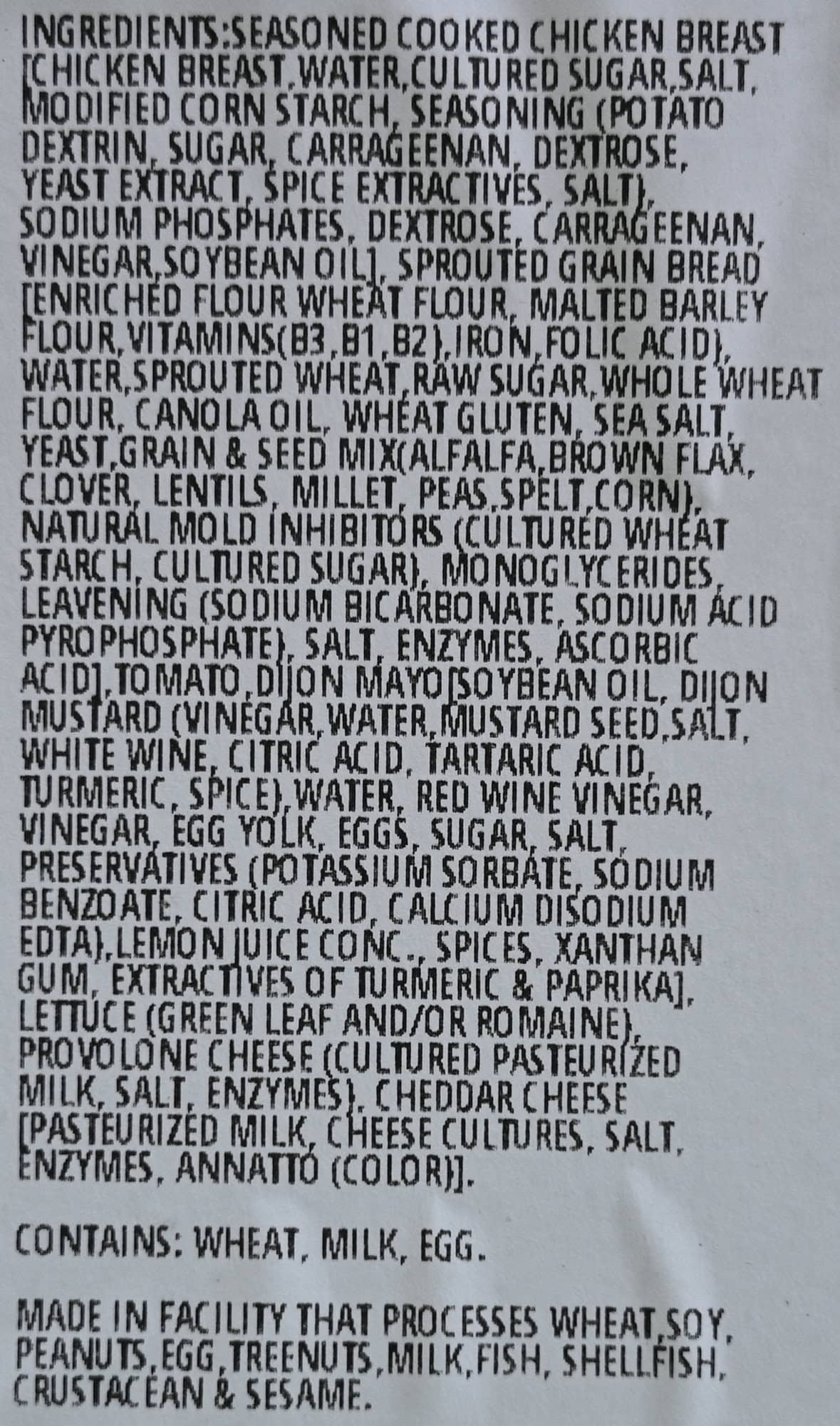 Image of the ingredients label for the sandwiches from the package.