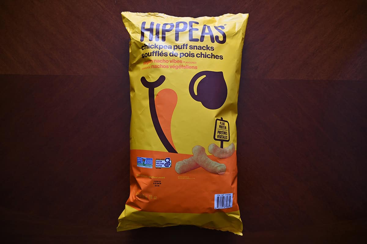 Image of the Costco Hippeas Chickpea Puff Snacks bag sitting on a table unopened.