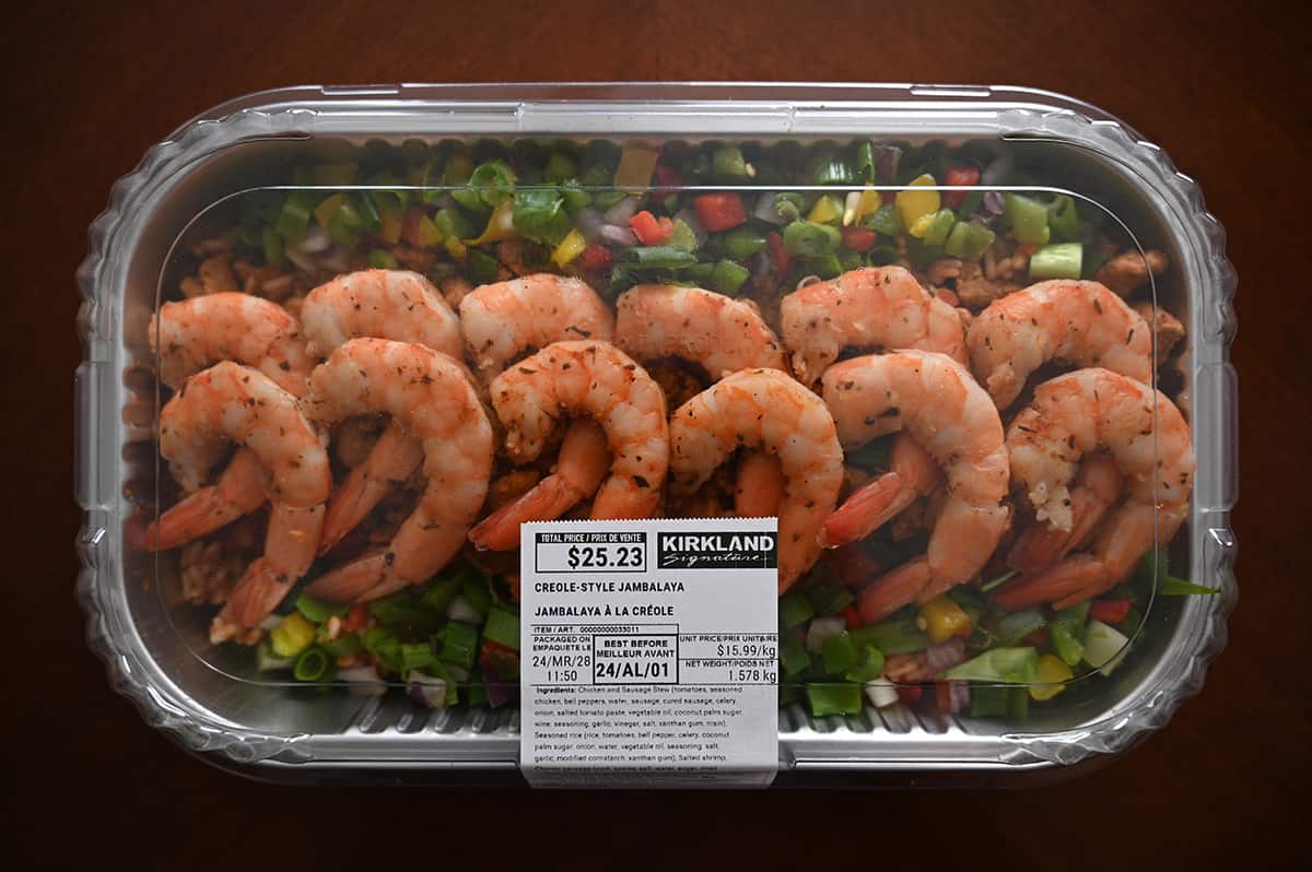 Image of the Costco Kirkland Signature Creole-Style Jambalaya container sitting on a table unopened.