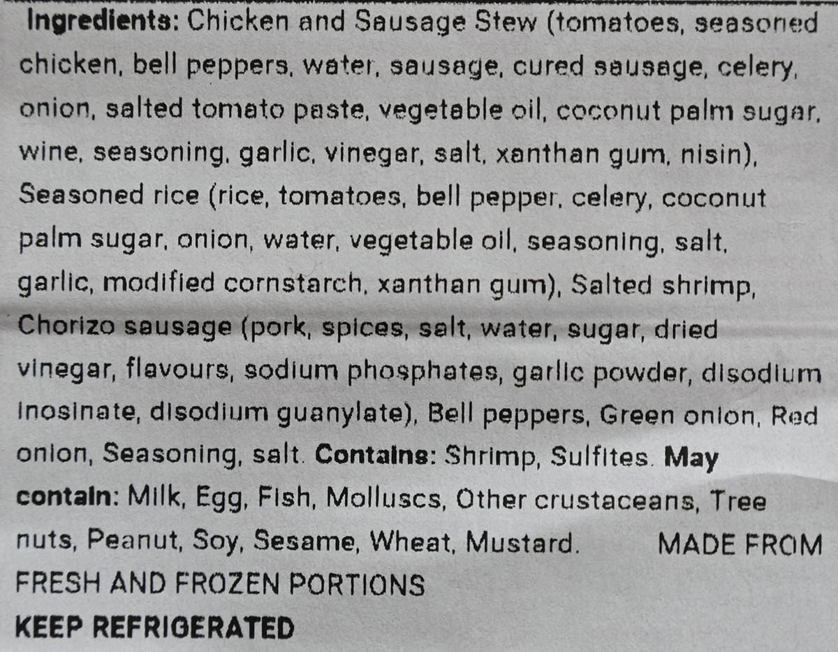 Image of the ingredients list for the jambalaya from the package.