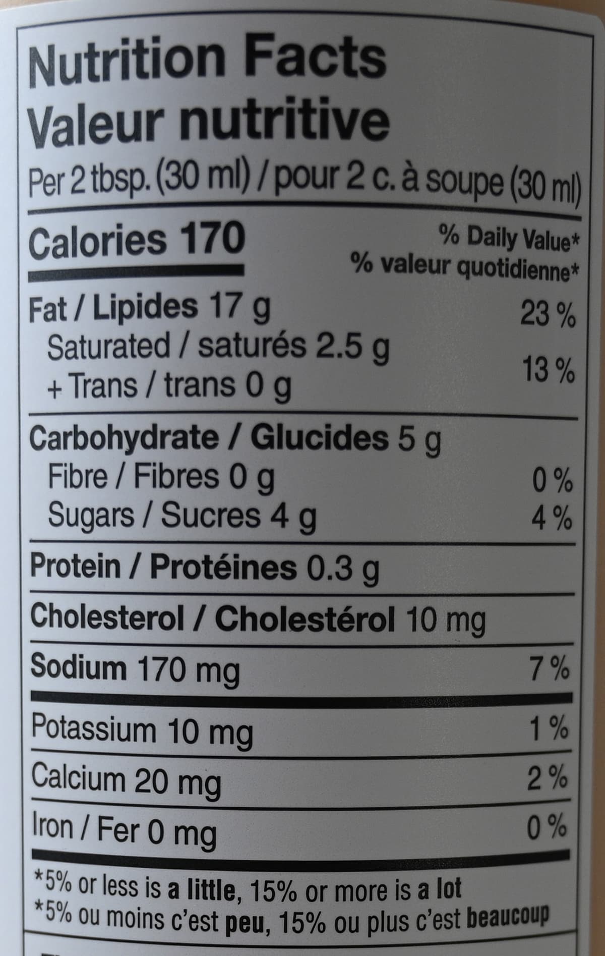 Image of the nutrition facts for the sauce from the back of the container.