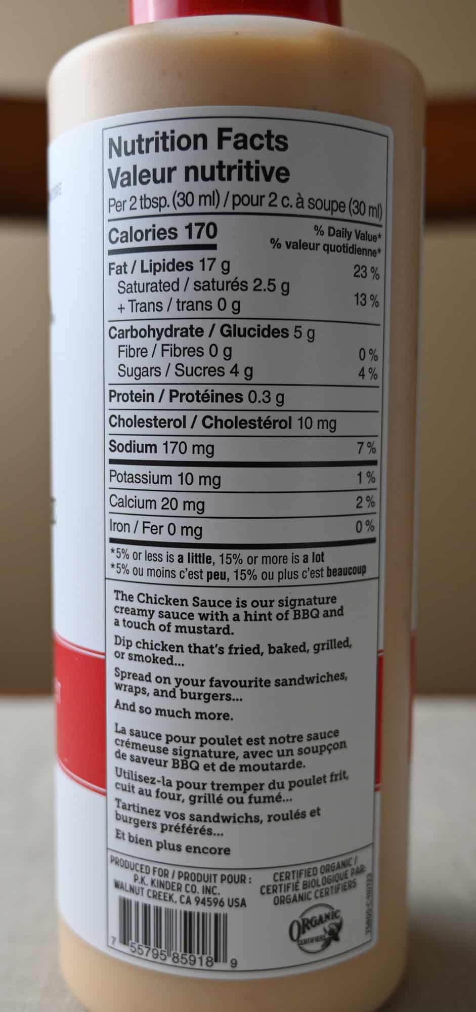 Image of the back of the sauce container showing nutrition facts and ways to use the dip.