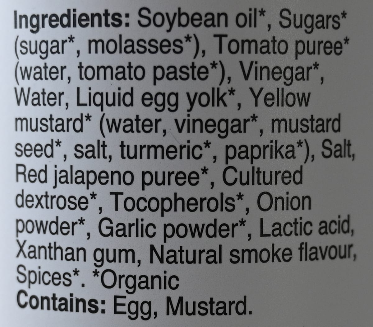 Image of the ingredients for the sauce from the back of the container.