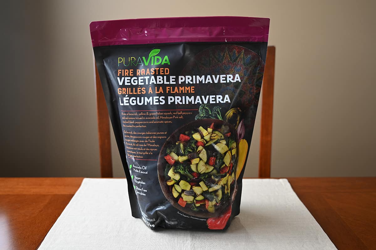 Image of the Costco Puravida Fire Roasted Vegetable Primavera unopened sitting on a table.