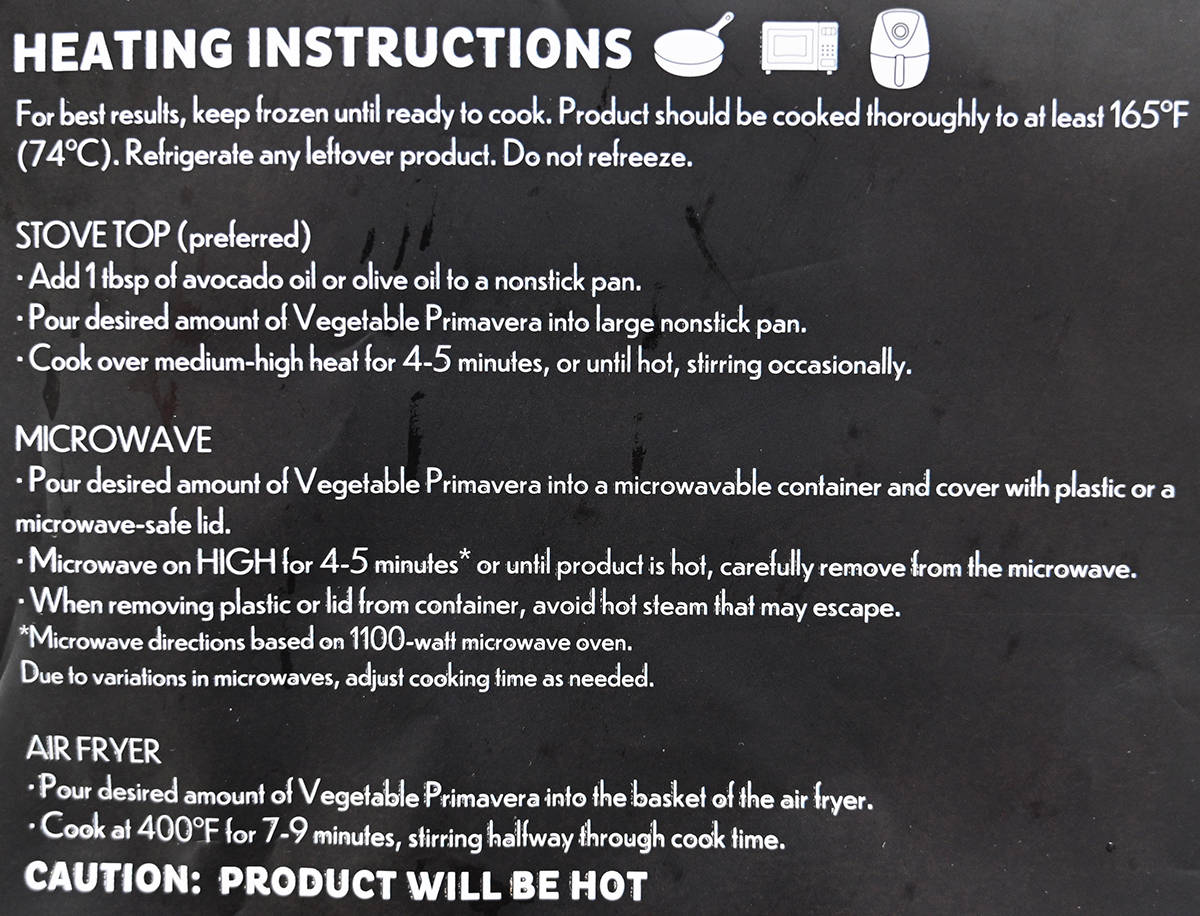 Image of the heating instructions for the vegetables from the back of the bag.