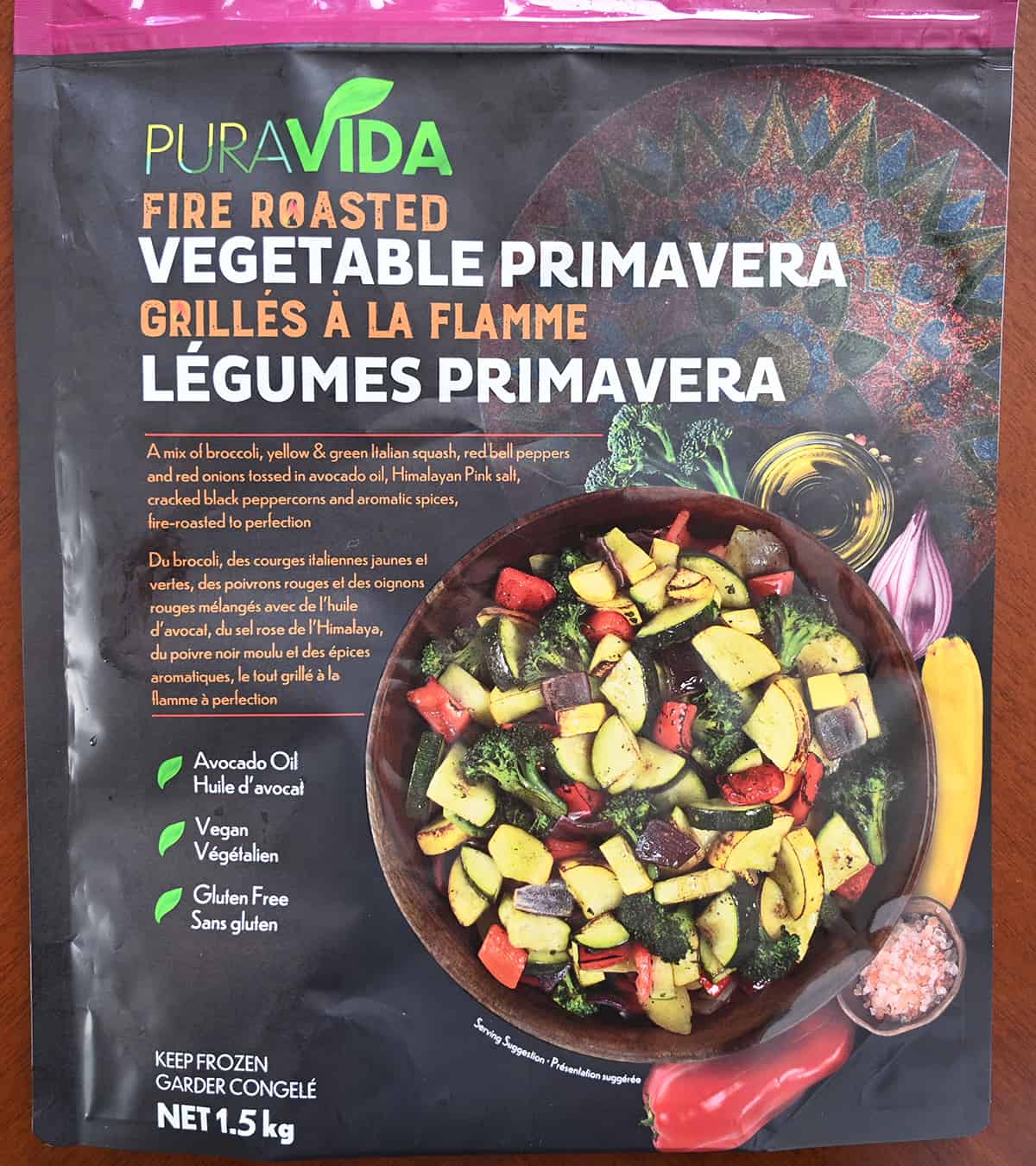 Closeup image of the front of the bag of vegetable primavera bag showing product description.