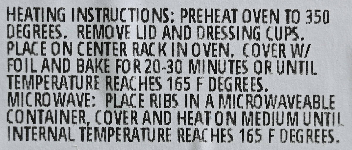 Image of the heating instructions for the ribs from the label.