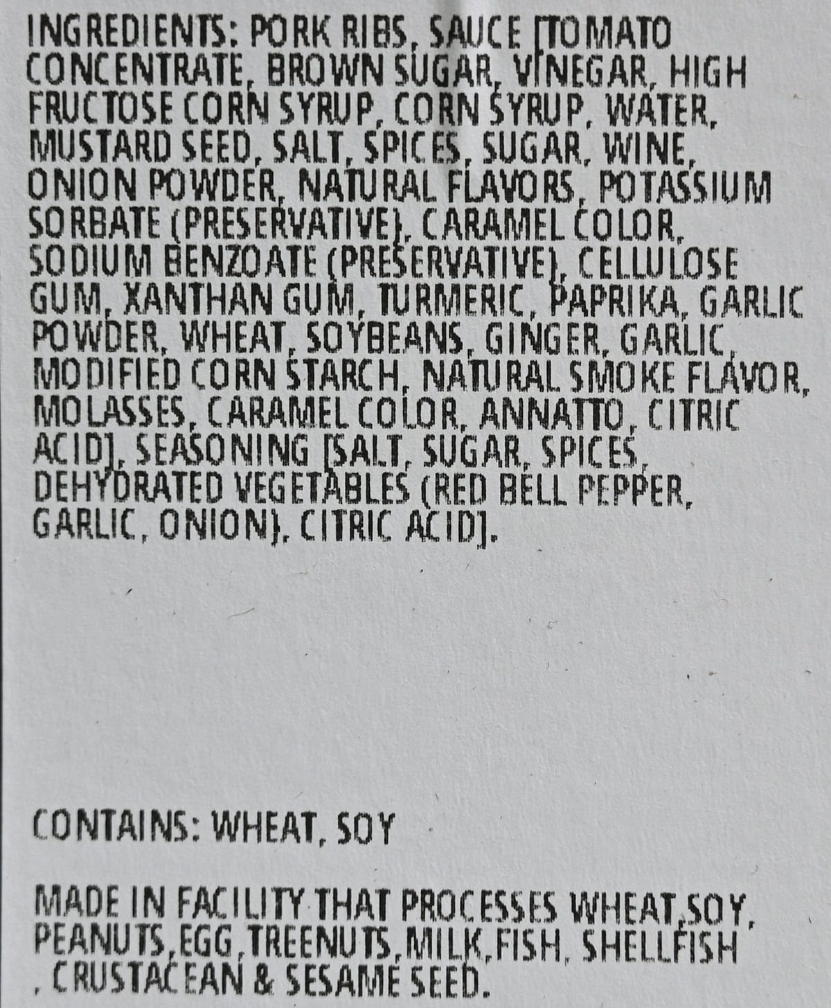 Image of the ingredients list for the ribs from the back of container.