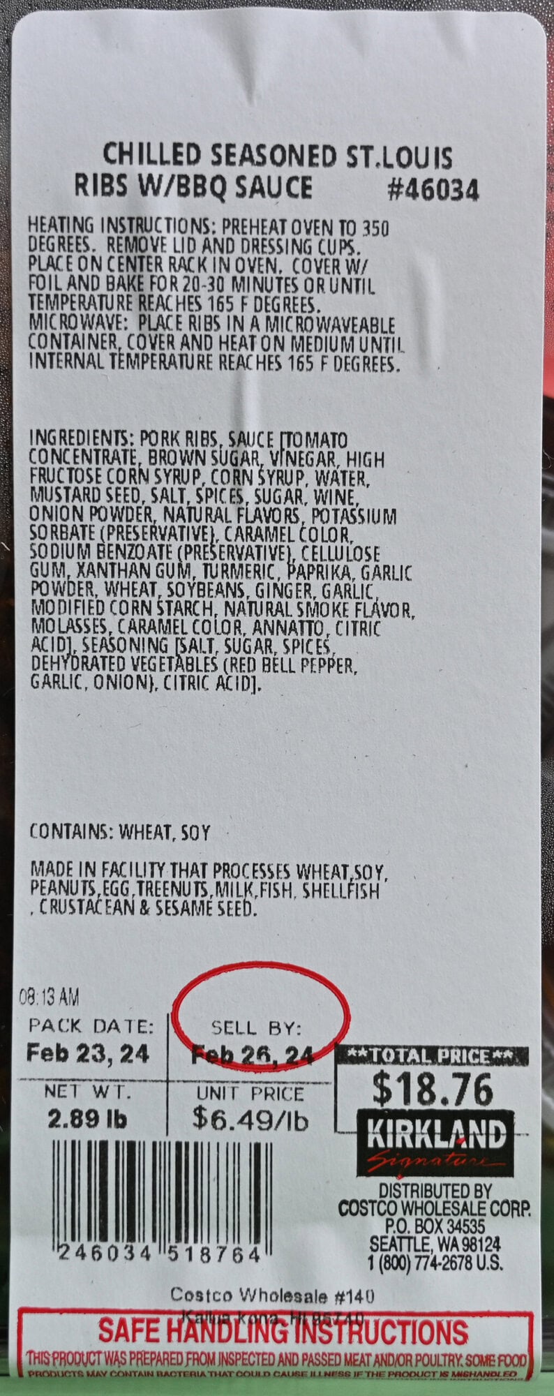 Closeup image of the front label on the ribs showing the price, ingredients and cooking instructions.