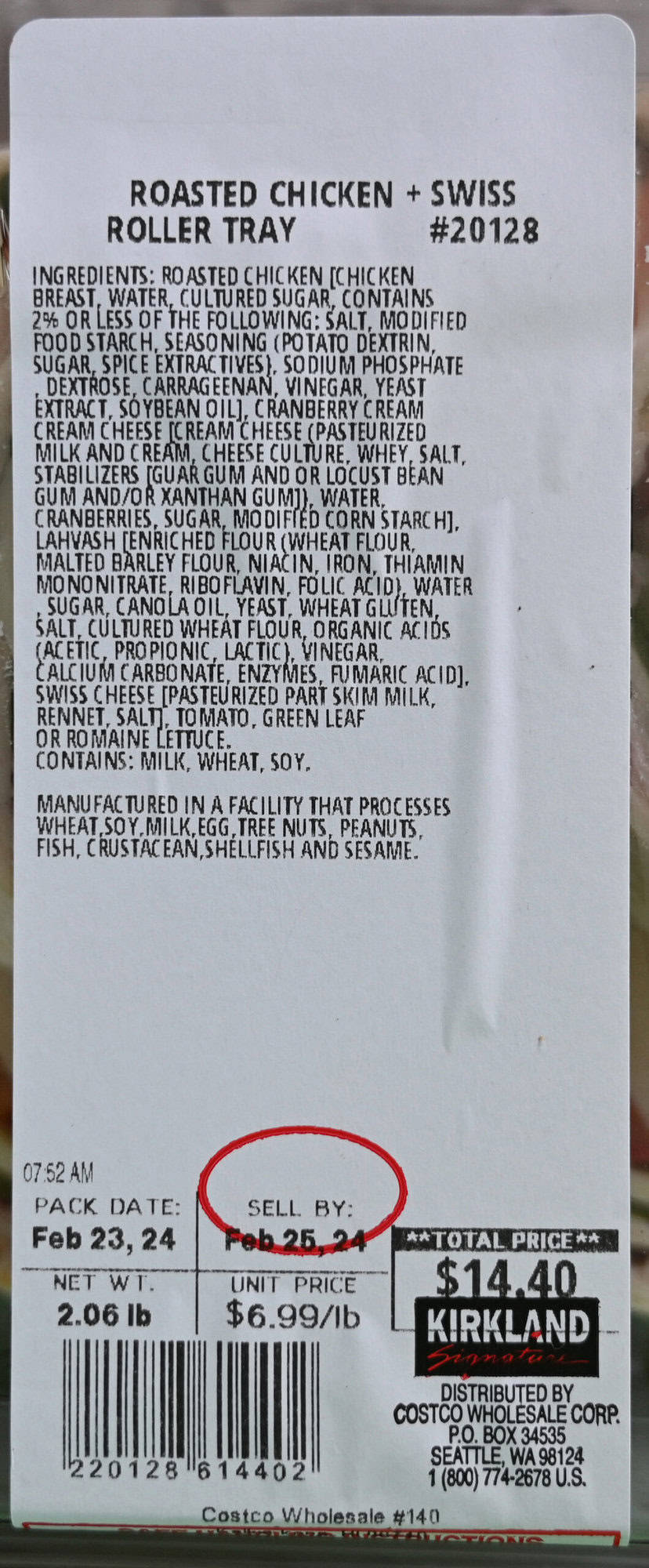 Image of the label from the packaging on the rollers showing ingredients, best before date, and cost.